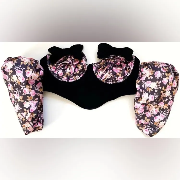 For Love & Lemons Kate Corset Velvet Top Black Floral $168 NWT Off-Shoulder XS - Image 3