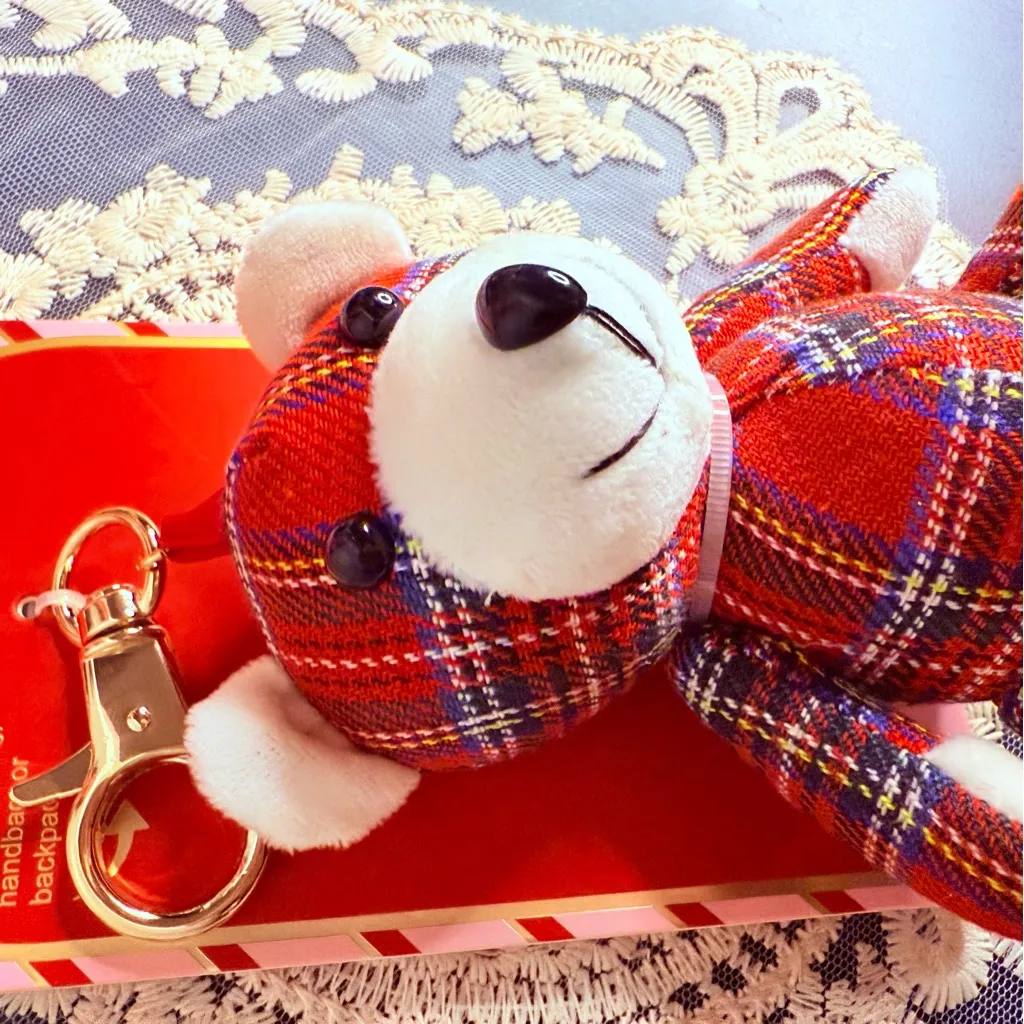 Plaid Teddy Bear Bag Charm Keychain Plush Tartan Red - Image 4