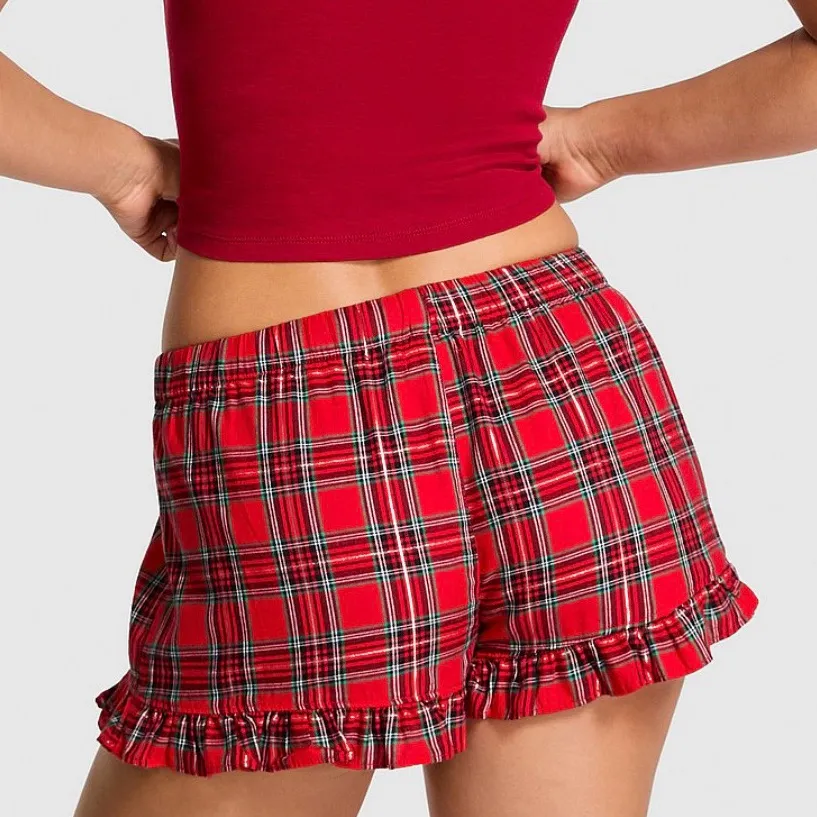 🎄PINK VICTORIA’S SECRET Flannel Pajama Shorts Red Green Plaid Ruffle Preppy L - Image 8