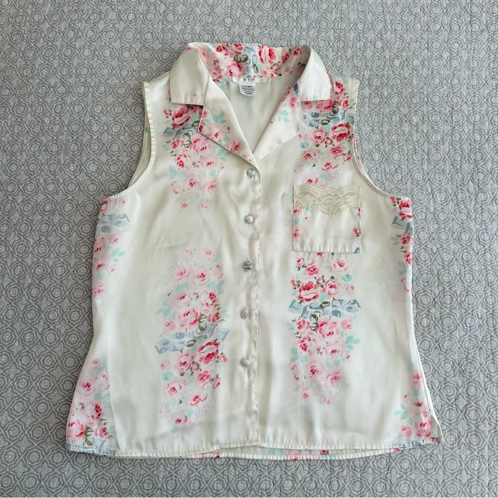 Vintage Pink K Floral Button Up Satin Sleeveless Top Cream Pink Lace FLAW Size M Size M - Image 6