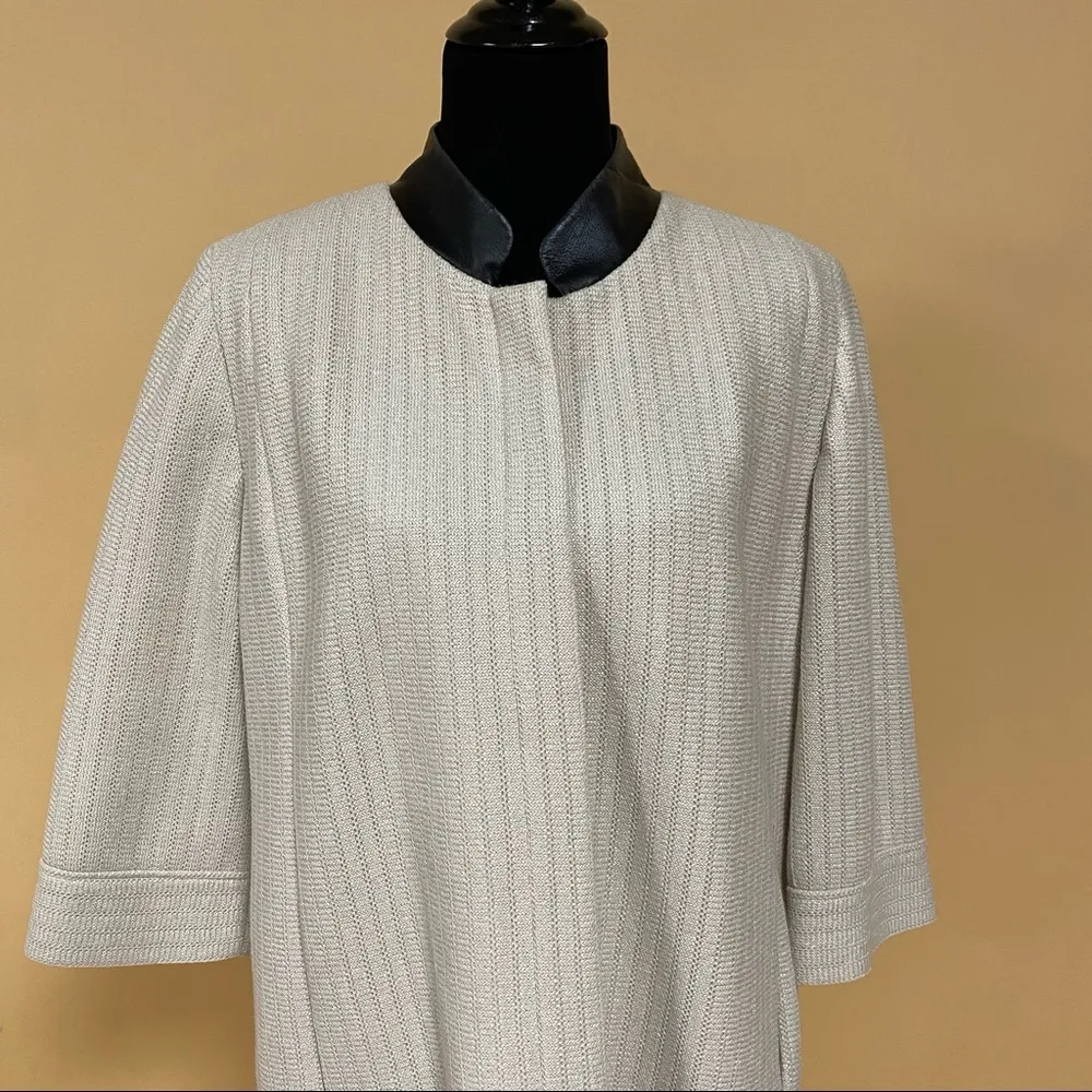 Classiques Entier Cream Woven Long Topcoat Jacket Black Leather Collar Size L - Image 4