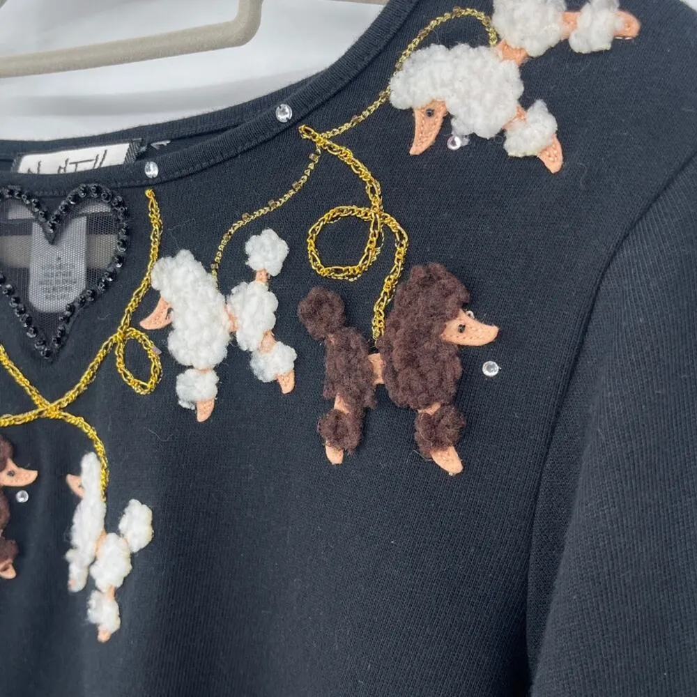 Vtg Mary McFadden Women's Black Poodle Embroidered Beaded Blouse Sz M Dog Lover Size M - Image 7
