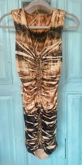 Ladies Bronze Boho Animal Print Sleeveless Beaded Body Con Dress Size Medium - Image 1