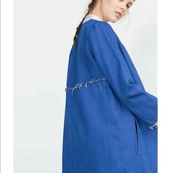 ZARA Blue Jean Jacket longline collarless denim duster small - Image 10