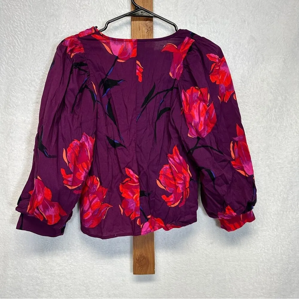 A new day Voile Purple & Pink Floral 3/4 Puff‎ Sleeve Top Size XS - Image 5