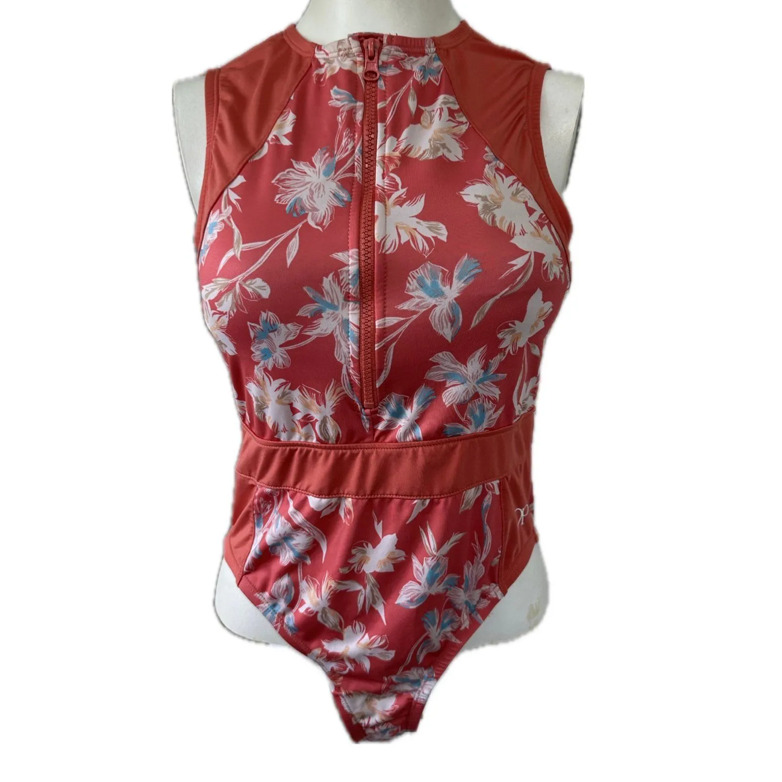 Ocean Pacific OP Sporty Open Back Zip Up Chest Floral One Piece Swimsuit S - Image 2