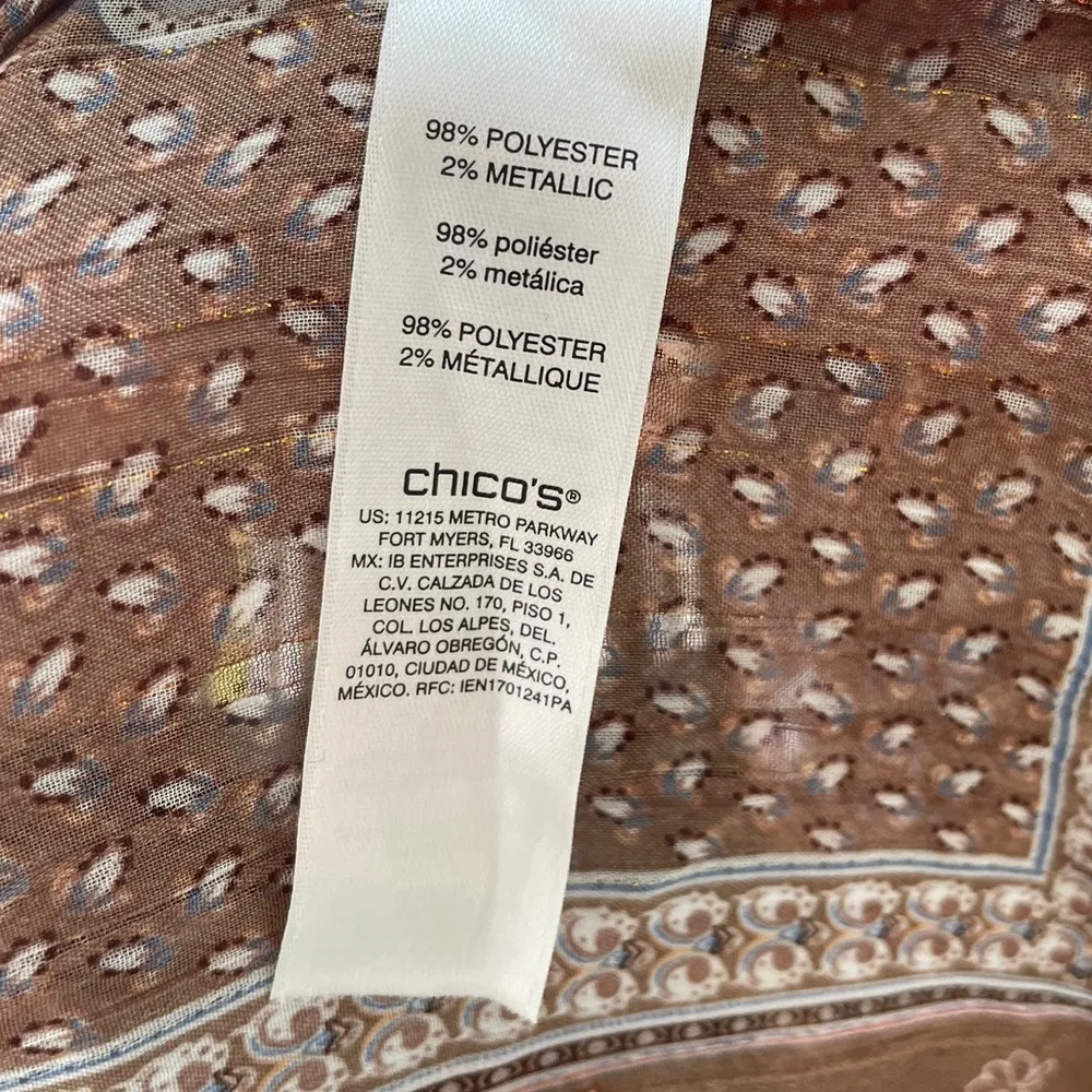 Chico’s Boho Hippie Eclectic Paisley Floral Metallic 3/4 Sleeve Semi Opaque Top - Image 7