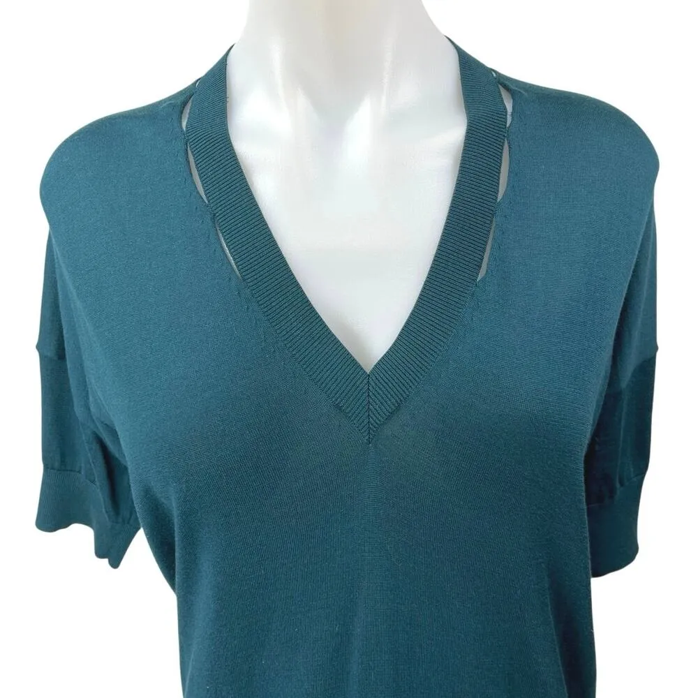 Stella McCartney Green Silk Short Sleeve V-Neck Knit Mini Tunic Shirt Dress 4 - Image 3