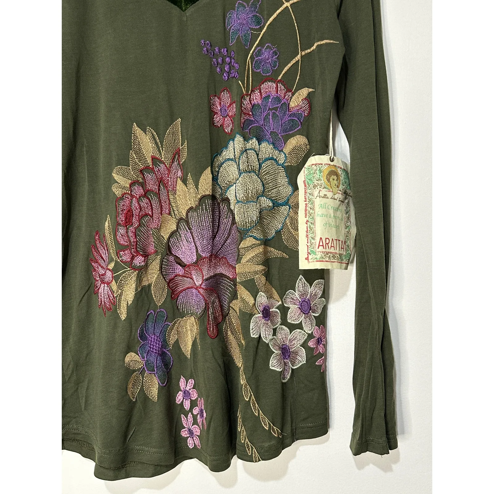 Aratta Green Floral Long Sleeve Top Size Sm/Med NWOT Embroidery Velvet Accents - Image 5