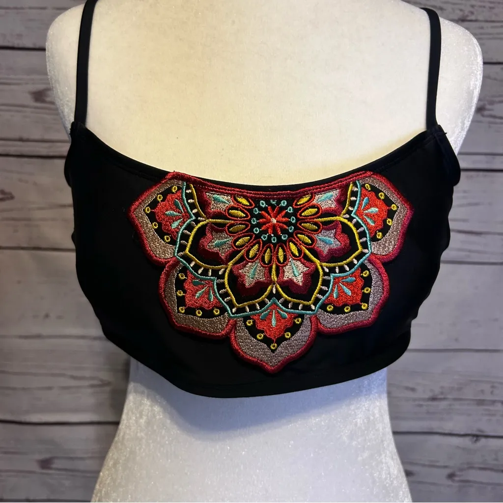 Mae Bikini Top XL (16–18) | Black Swimsuit Top with Colorful Embroidered - Image 2