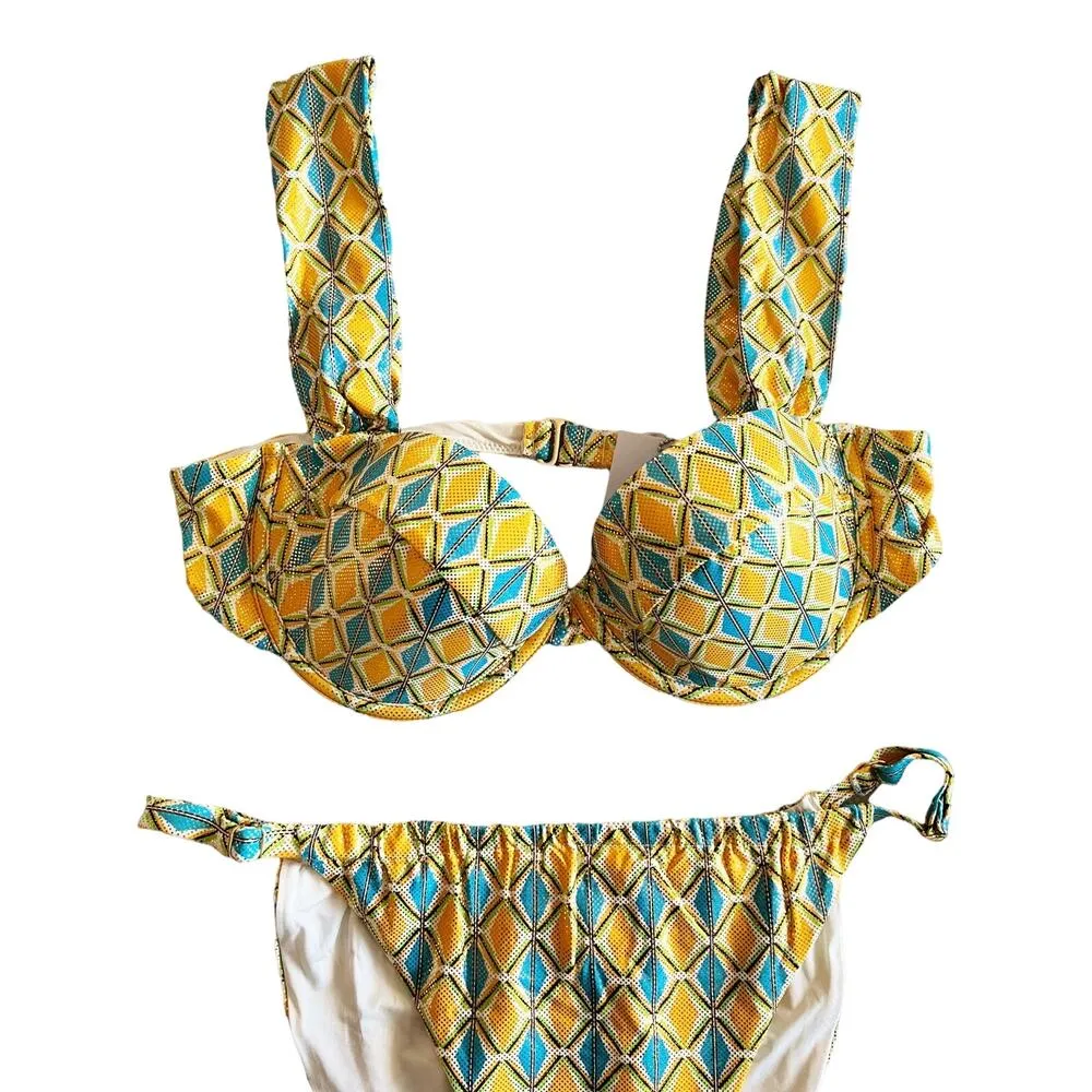 WEWOREWHAT Metallic Geo Bikini Set Ruched Bottom Claudia Top Orange Blue Large - Image 6