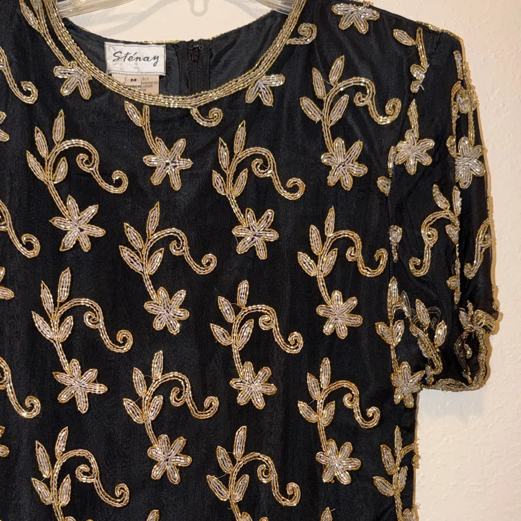 Vintage Stenay Black Silk Top with Gold Floral Beaded Embroidery 100% silk Size M - Image 4