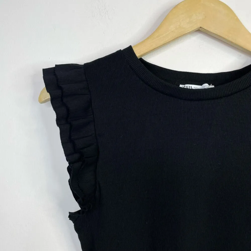 Zara Black Ribbed Ruffle Sleeve Crop Cropped Top Cotton Blend Minimalist women L - Image 4