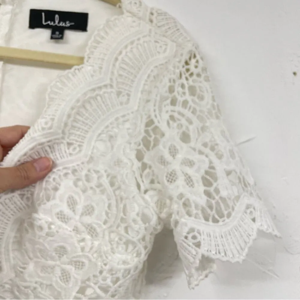 Lulus White Lace Short Sleeve Fit & Flare Mini Dress Womens S Bridal Formal - Image 4