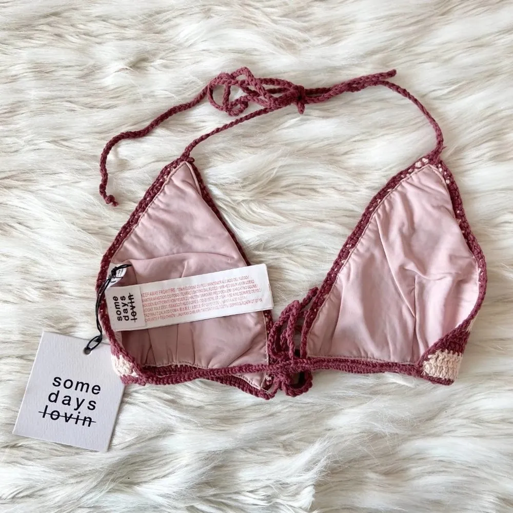 Somedays Lovin Red Pink Striped Crochet Bikini Top Sz S - Image 9