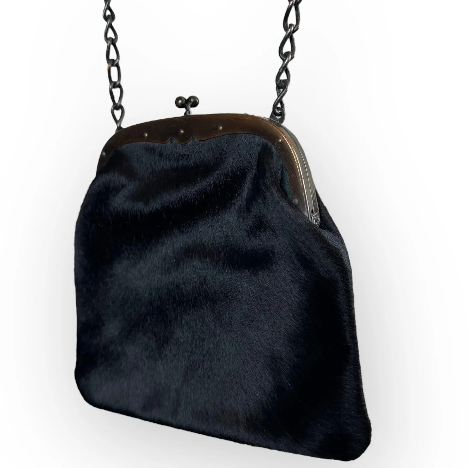 Vintage Black Hair Fur Shoulder Bag w/ Kiss Lock Pink Flower Lining Chain Strap - Image 10