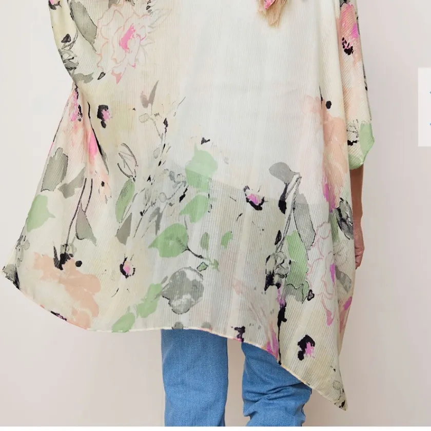 Vince Camuto Floral Print Open Front Kimono‎ Cardigan Cream Pink Green One Size - Image 2