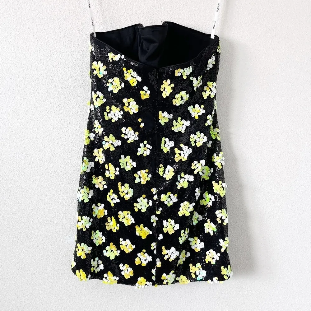 Jovani Sequin Floral Strapless Mini Dress in Green Black - Image 6