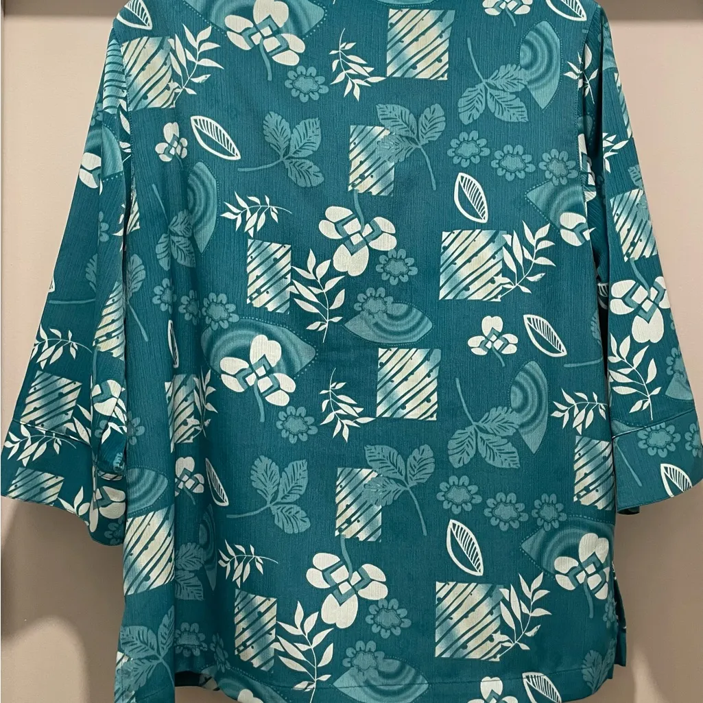 VTG 90s Drapers & Damons Petites Teal Blue Mid-Sleeve Button-Down Collared Shirt - Image 9