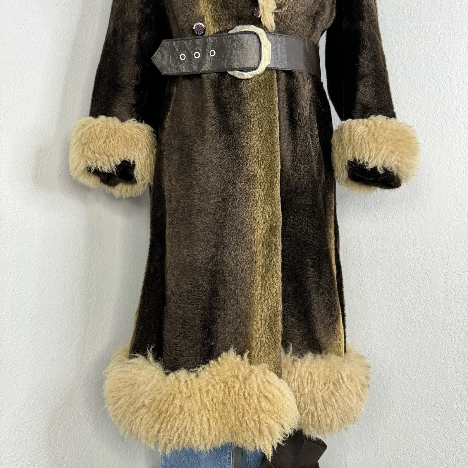 Vintage 1970s Penny Lane Long Brown Coat Faux Fur Size XS - Image 4