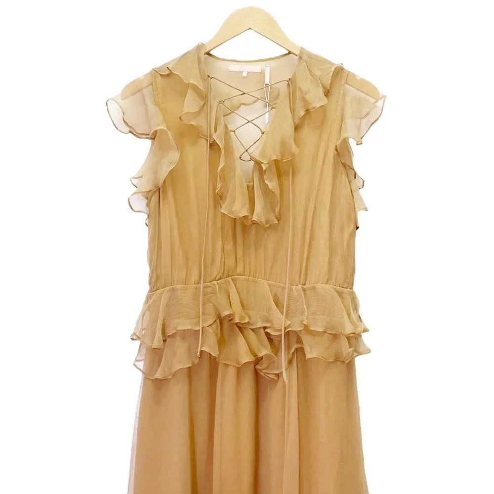 NWT New Friends Colony Maya Tan Chiffon Ruffled Lace-Up Maxi Dress Size Medium - Image 6