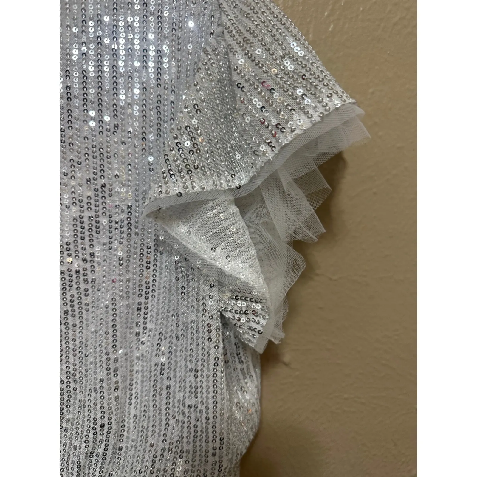 Grace Kari Women Silver Sequin Tulle Flutter Sleeve Ruched Waist‎ Party Dress L - Image 5