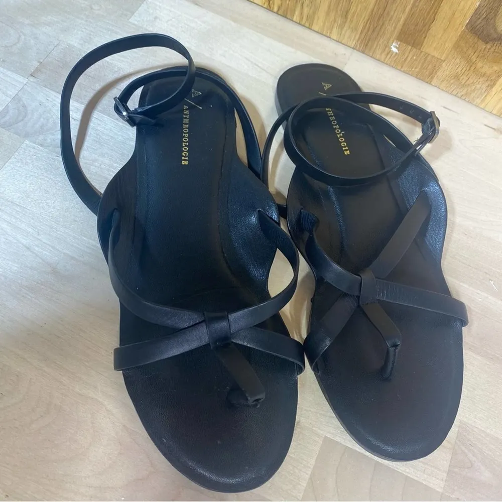 Anthropologie Black Leather Thong Flat Sandal Ankle Wrap 9 - Image 2