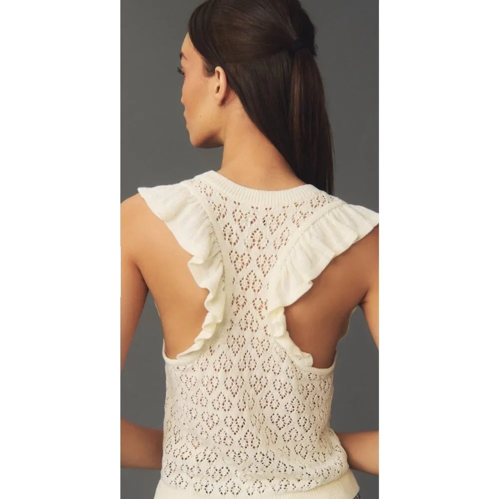 Maeve Anthropologie Halter Top Sweater Knit Ruffles Ivory Sz XL Preppy Tank - Image 9