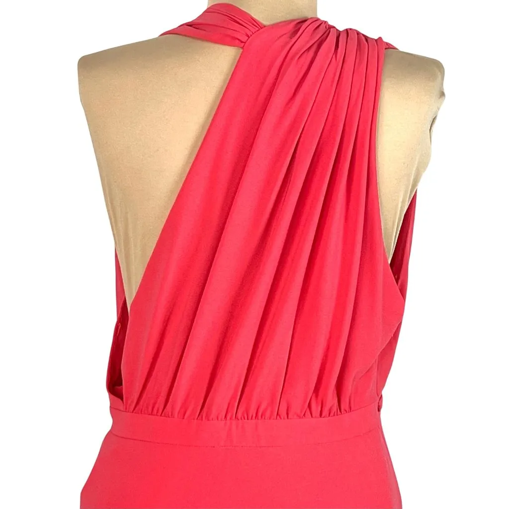 Halston Heritage Coral Crepe Halter Cocktail Dress 6 Gunmetal Gray Ring Belt New - Image 8