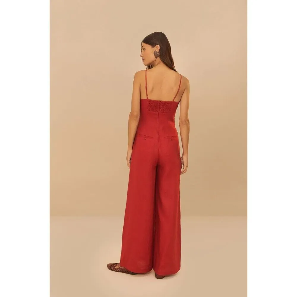 NWT Farm Rio Red 3D Petals Bodice Euroflax Premium Linen Jumpsuit Sz S Wide-Leg - Image 4