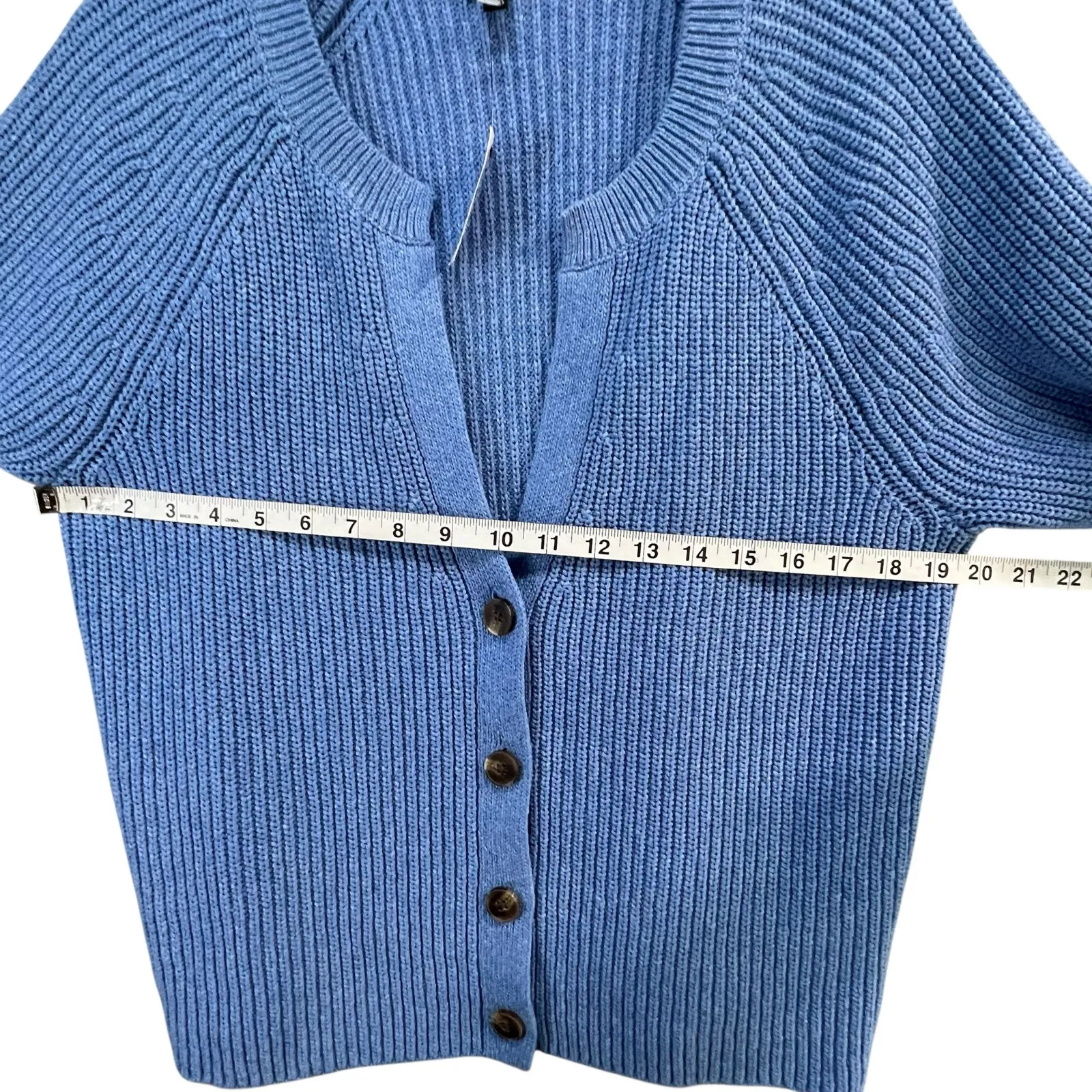 Talbots Shaker Stitch Cardigan Sweater Womens L Blue Cotton V Neck Chunky Cozy - Image 6