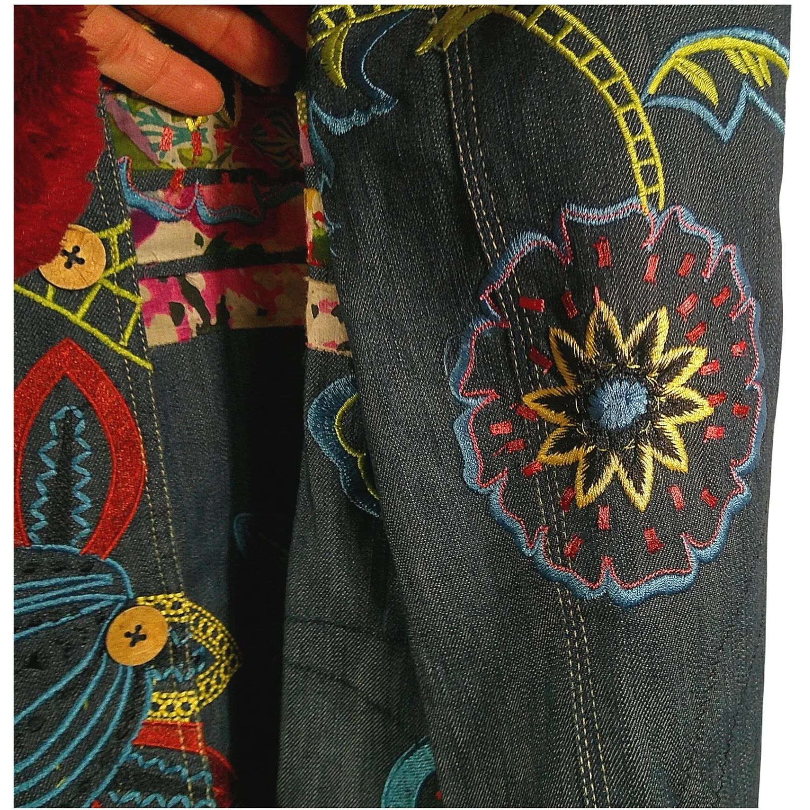 Nomi Thompson Embroidered Patchwork Denim Jacket Multicolor Floral Appliqué L Blue Size L - Image 7