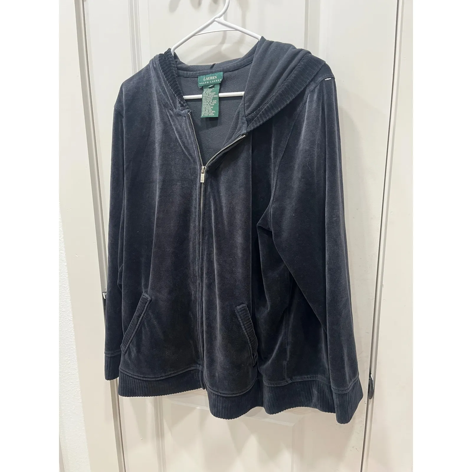 LAUREN RALPH LAUREN Velour Full Zip Hoodie Jacket Women's Size 1X Charcoal Gray - Image 4