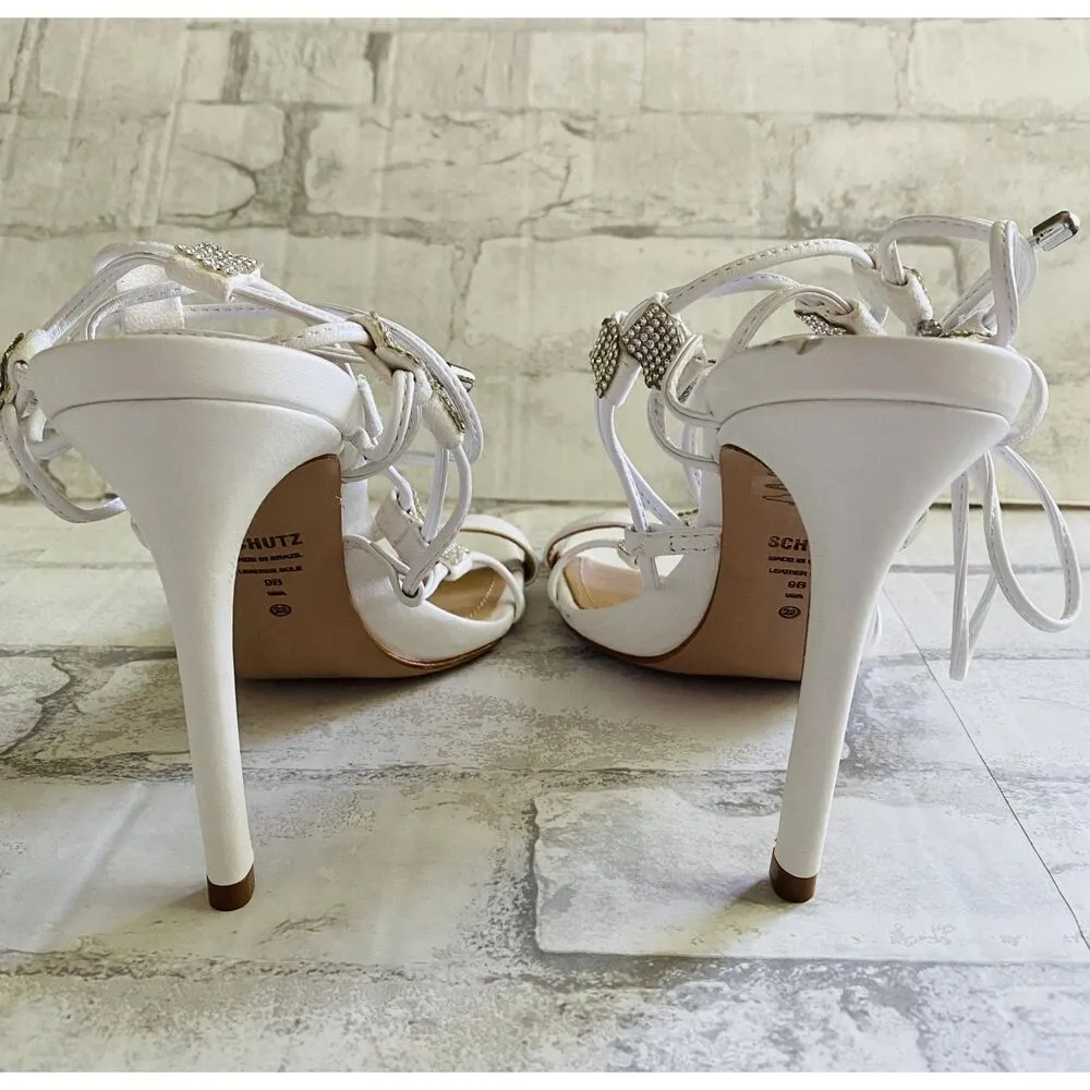 New Schutz Kallie White Nappa Leather Rhinestone Lace-Up High Heel Sandals Sz 9B - Image 4