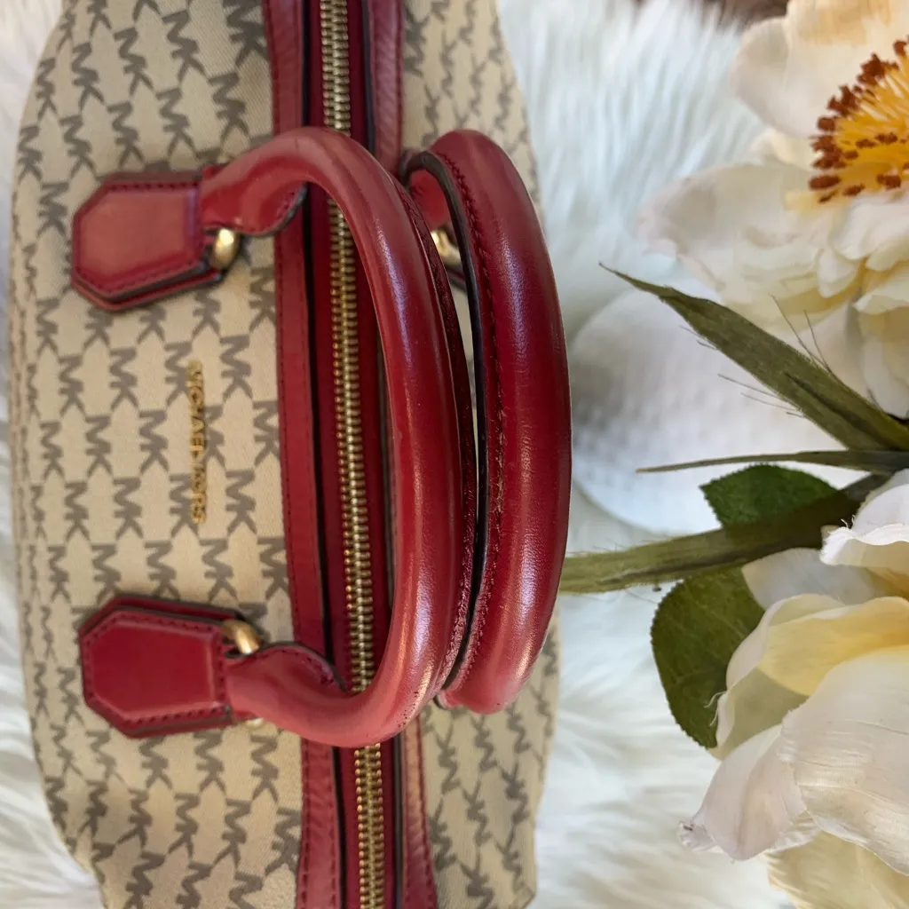 Michael Kors  Mercer Medium Duffle Satchel Handbag Natural Tan Cherry Red - Image 6