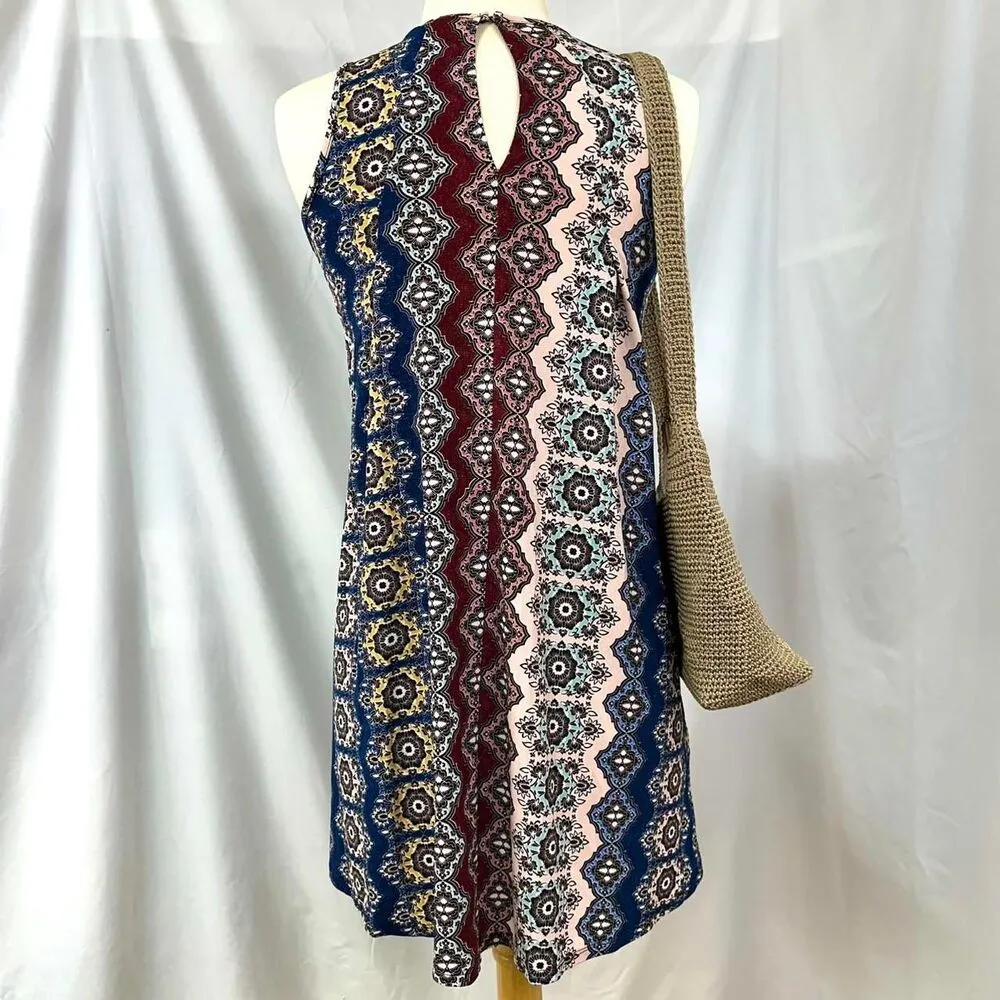 2000s BCBGMAXAZRIA Multicolor Patterned Sleeveless Mini Swing Dress Sz XXS Boho - Image 3