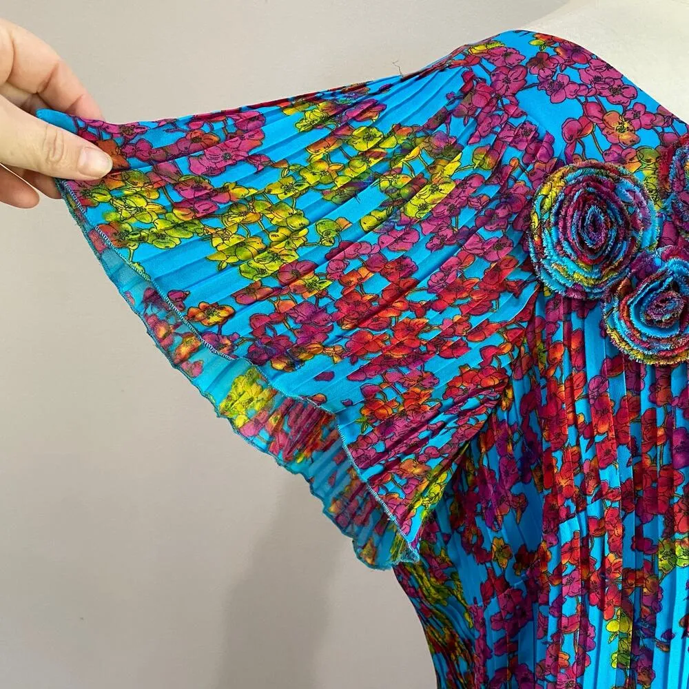 New Directions Blue Floral A Line Turquoise Pleated Midi Short Sleeve Dress 20W - Image 6