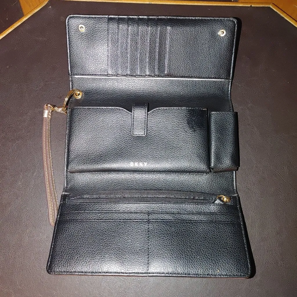 DKNY Metallic Gold Leather Wristlet Clutch Wallet Detachable Strap Travel Small - Image 3