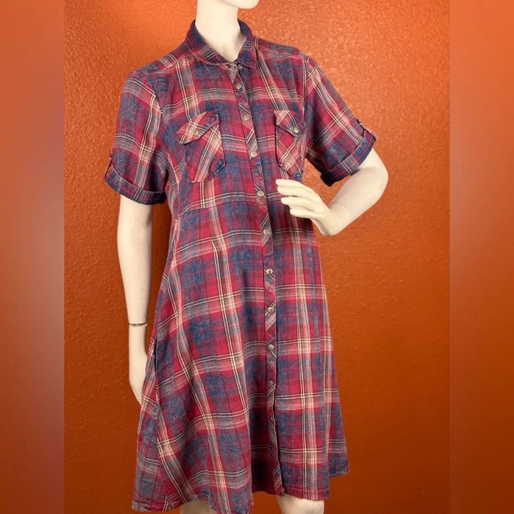 Reba Red and Blue Buttoned Midi Dress Size Large 100% Cotton Side Pockets A1 - Image 2