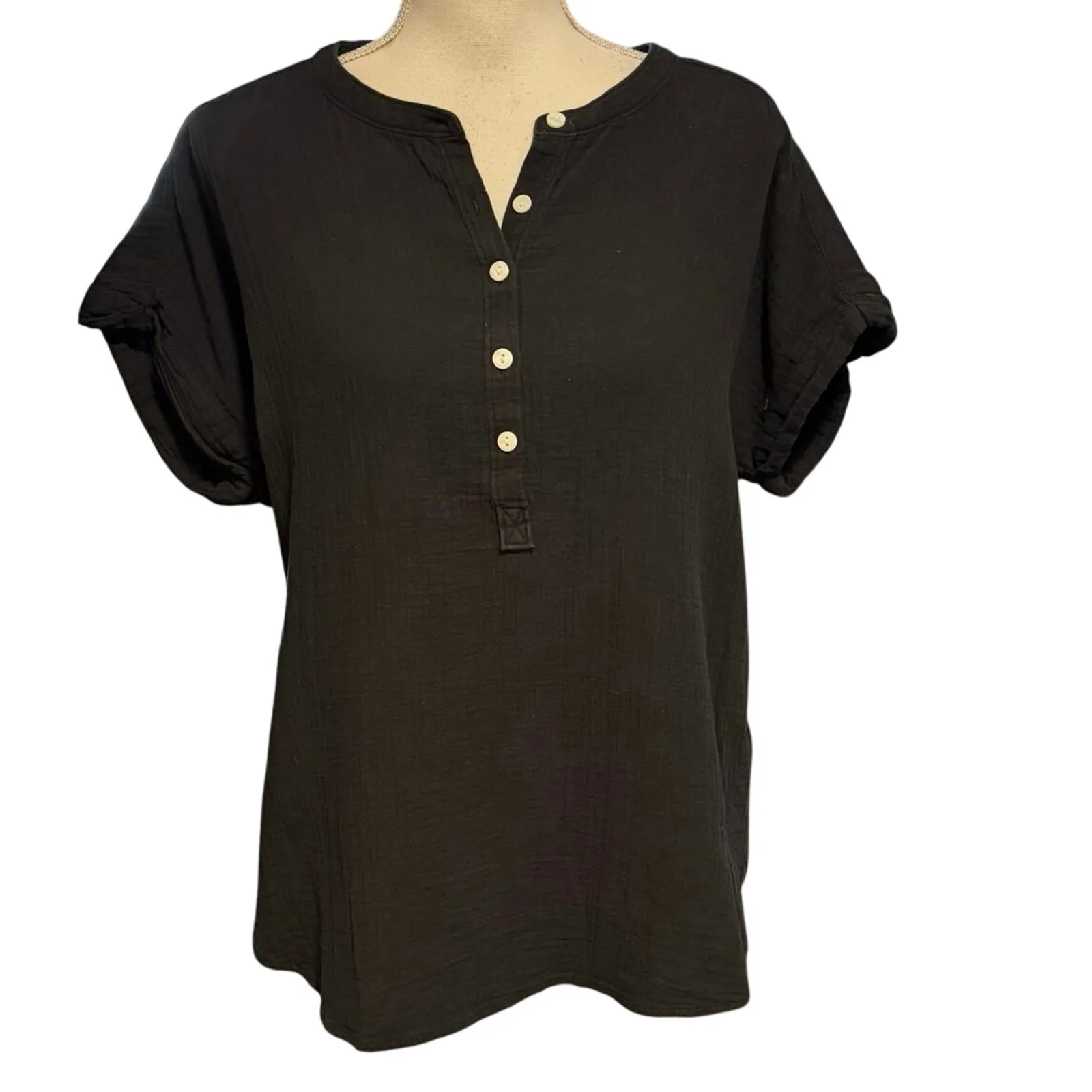 Quince Size M 100% Organic Cotton Gauze Roll Sleeve Shirt Top Black - Image 2