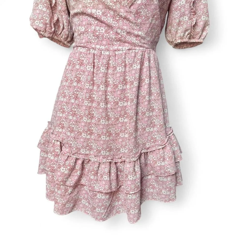 B. Darlin Pink Floral Puff Sleeve Mini Dress Faux Wrap Ruffle Cottagecore 3/4 - Image 3