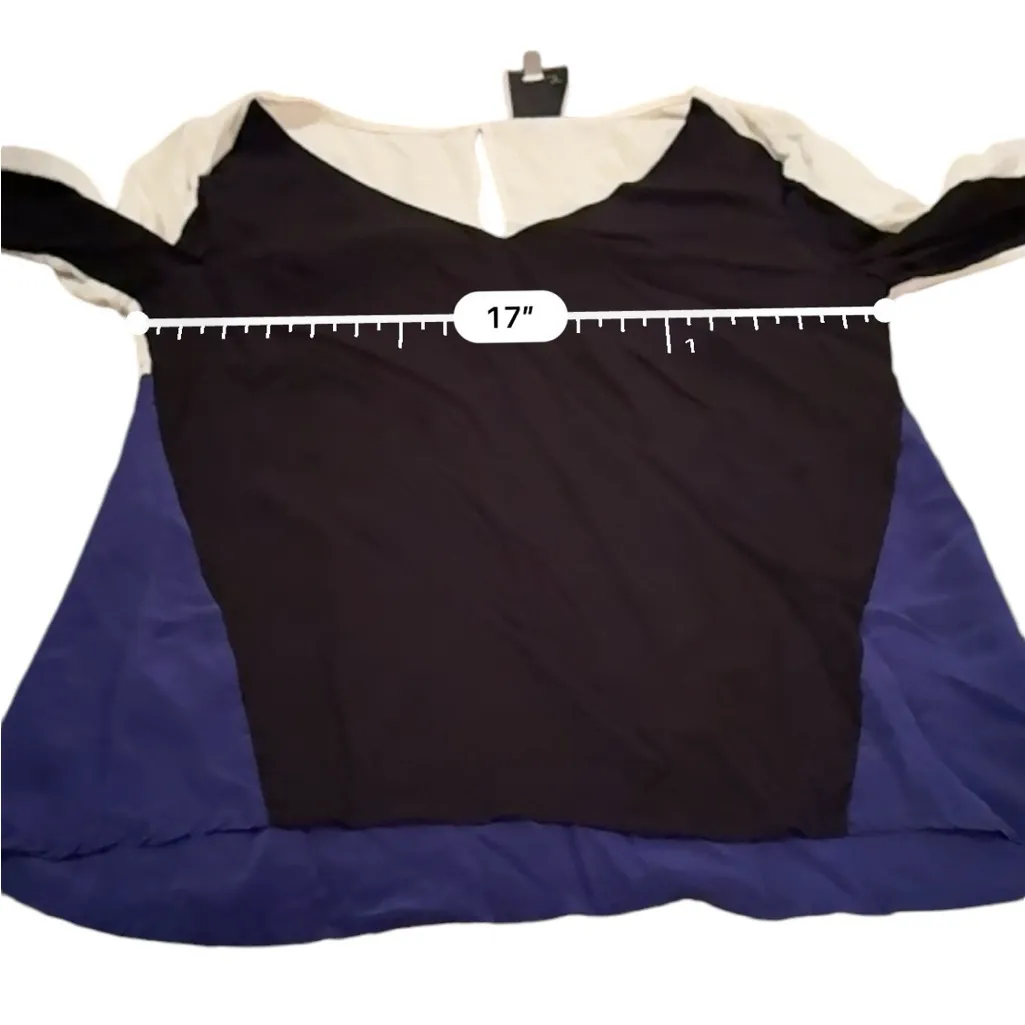 Aryn K 100% Silk Contrast Black, Navy & Cream 3/4‎ Sleeve V Neck Top Sz S - Image 8