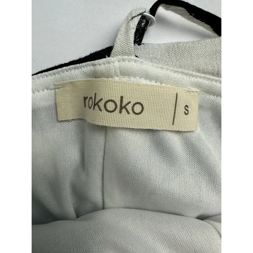 Rokoko Size Small Black and White Floral Maxi Dress Spaghetti Straps Drape Slit - Image 7