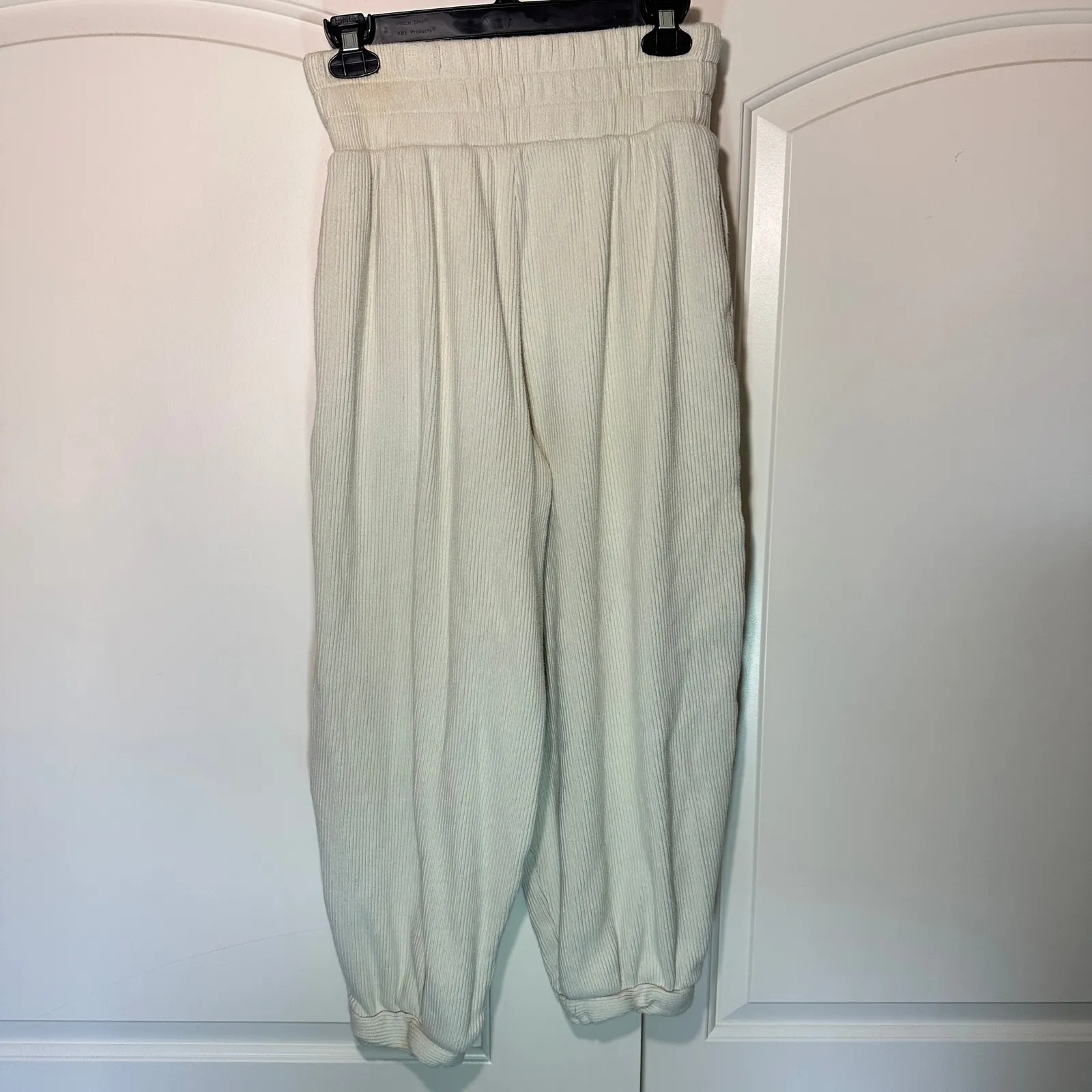 Free People Beach Ribbed High Waisted Jogger Pants Cream Heavy Weight Neutral XS - Image 2