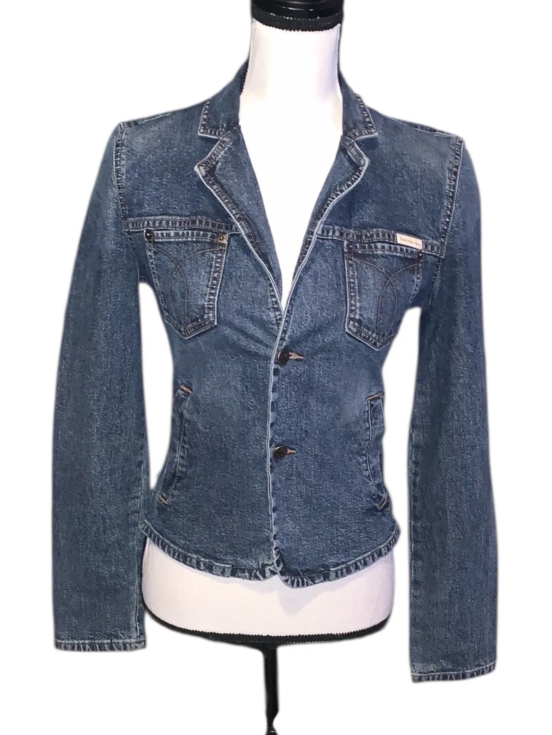 Calvin Klein Jacket Womens Medium Blue Denim Jean Jacket Metal Buttons - Image 1