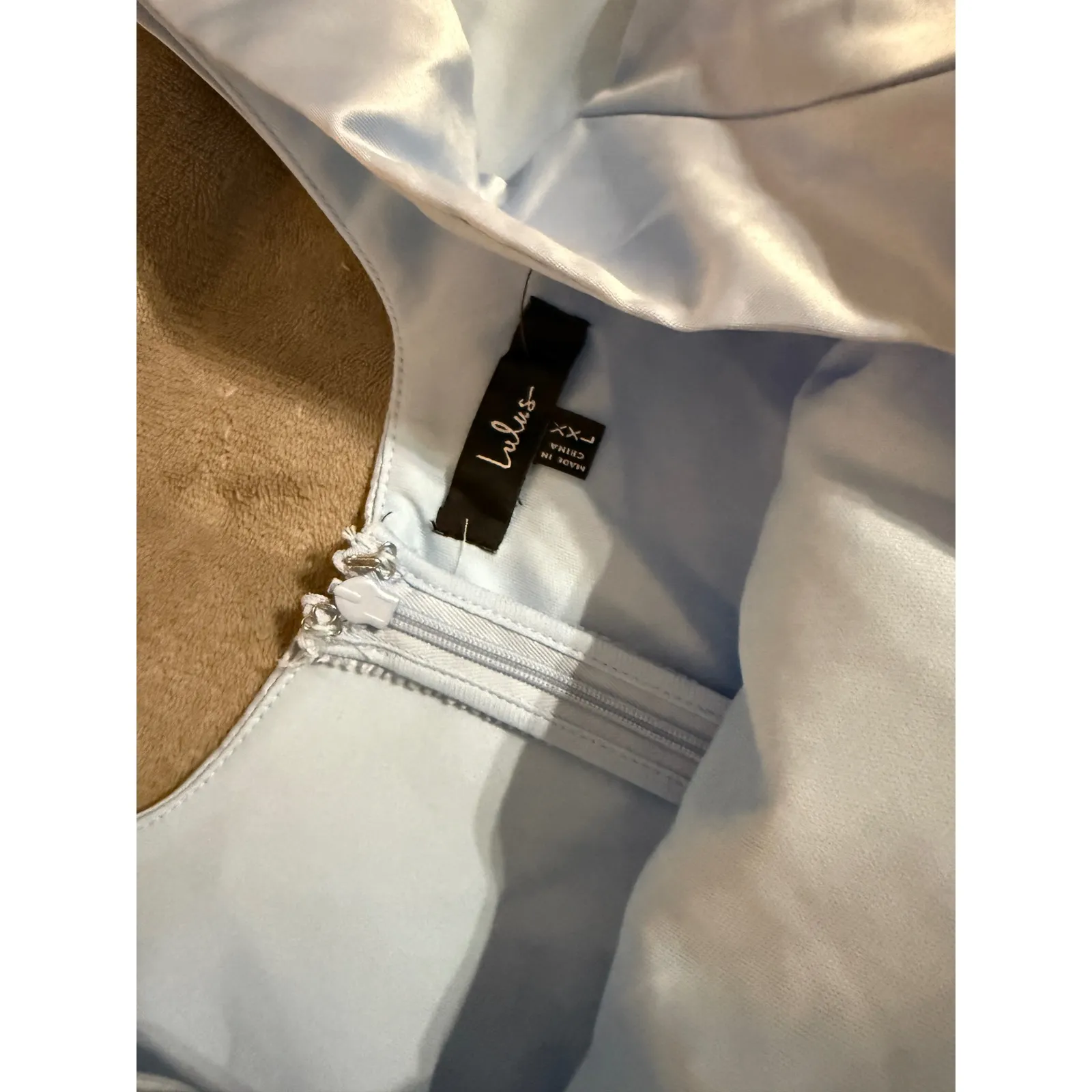 NWOT Lulus XXL Regal‎ Cutie Light Blue Satin Square Neck Bubble-Hem Mini Dress - Image 4