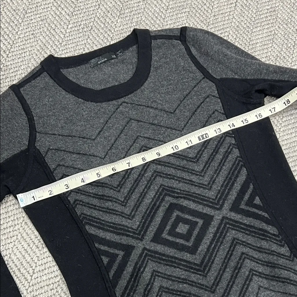 prAna Delia sweater dress in a charcoal and black wool blend, geometric pattern - Image 3