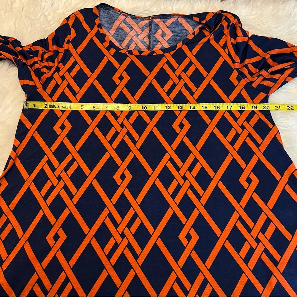 Geometric Swing Dress W/ Pockets Dark Blue Orange No Tags About a Large Stretchy Size undefined - Image 5