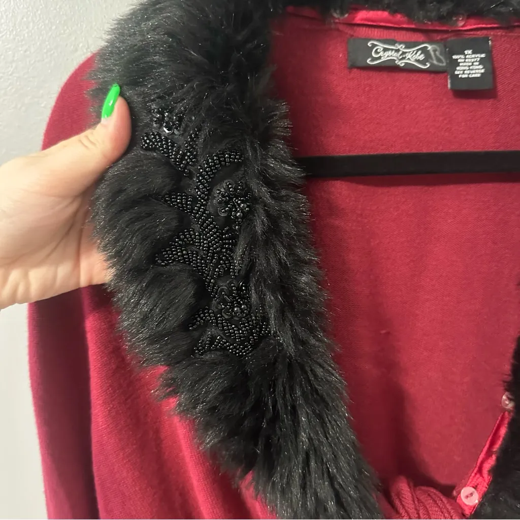 Y2K Crystal Kobe 1X Wine Red Beaded + Fur Shrug Cardi Black Size XL - Image 3