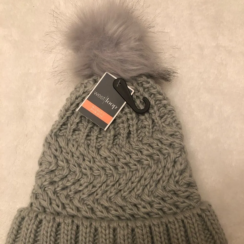 West Loop Women’s Gray Knitted Pom Pom Beanie - Image 2